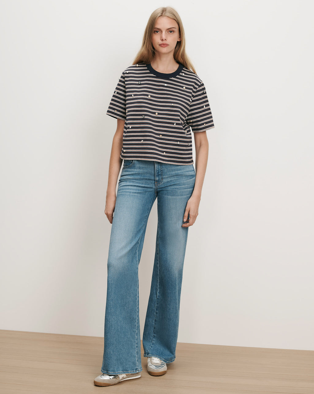 Veronica Beard Navy and white striped t-shirt with small star embroidery.