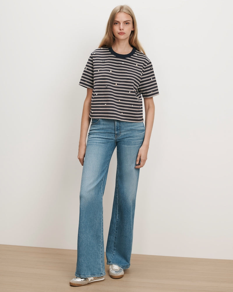 Veronica Beard Navy and white striped t-shirt with small star embroidery.