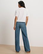 Veronica Beard White t-shirt, blue wide-leg jeans.