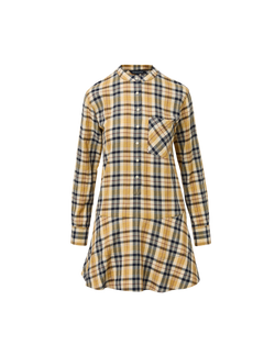 Veronica Beard Yellow plaid shirt dress with ruffled hem.