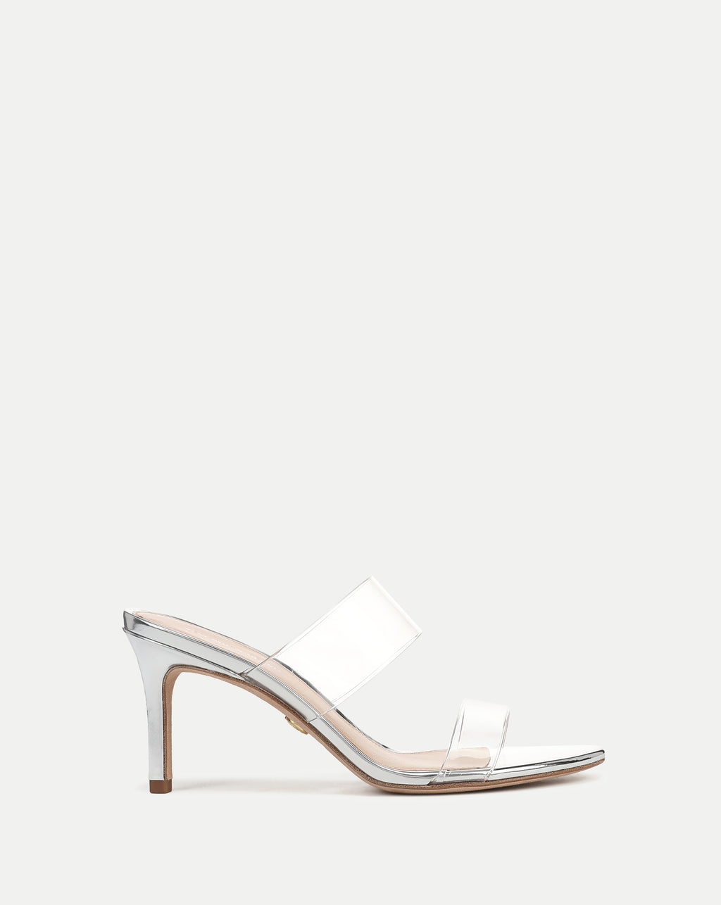 Veronica Beard Silver high-heel sandals with clear PVC straps.