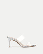 Veronica Beard Silver high-heel sandals with clear PVC straps.