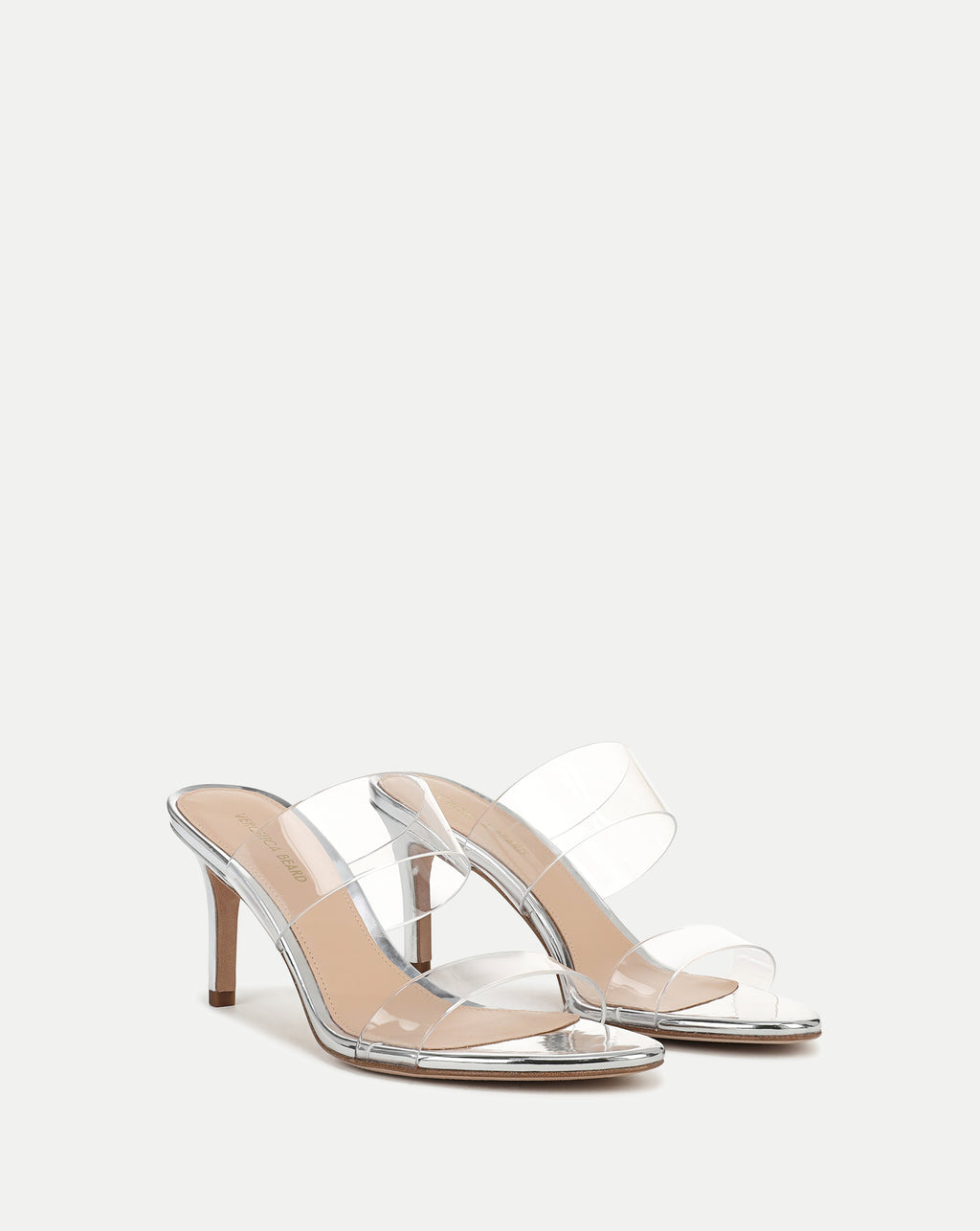 Veronica Beard Clear PVC pointed-toe stiletto heels with silver trim.