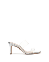 Veronica Beard Silver high heel sandals with clear PVC straps.