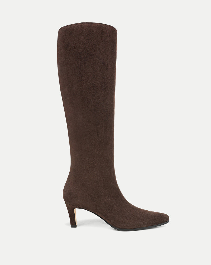 Veronica Beard Brown suede knee-high boot with kitten heel.