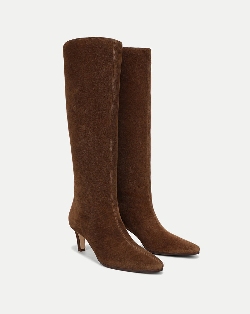 Veronica Beard Brown suede knee-high boots with pointed toes and kitten heels.