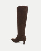 Veronica Beard Brown suede knee-high boots with pointed toe and kitten heel.