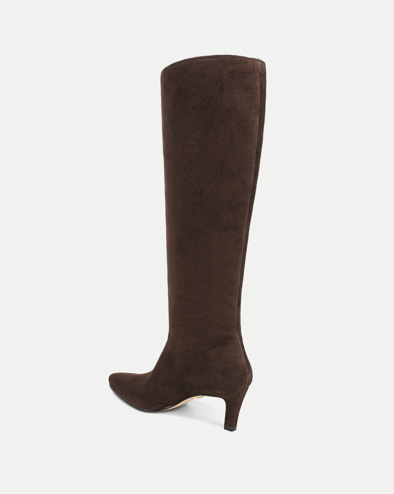 Veronica Beard Brown suede knee-high boots with pointed toe and kitten heel.