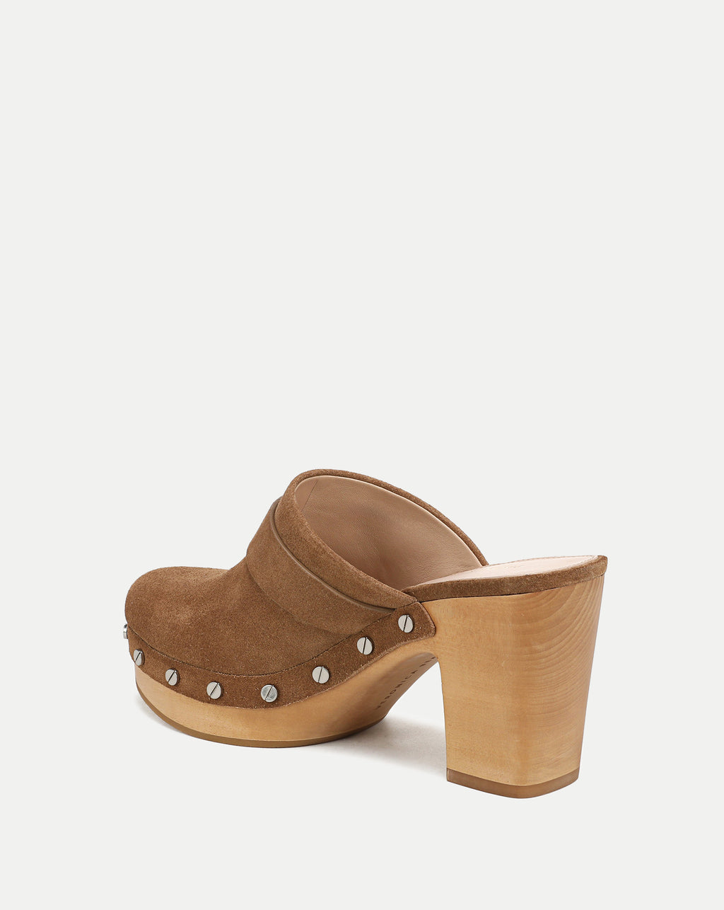 Veronica Beard Brown suede platform clog with silver stud detailing.