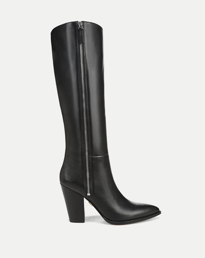 Veronica Beard Black leather knee-high boots with side zipper.