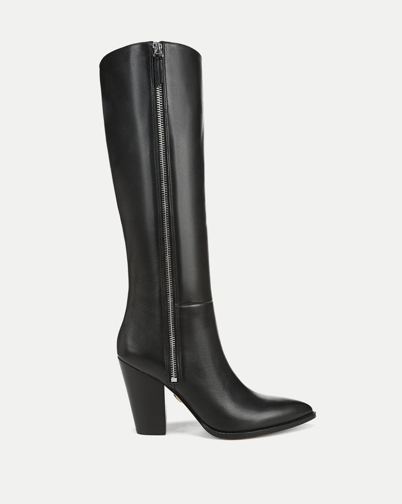 Veronica Beard Black leather knee-high boots with side zipper.