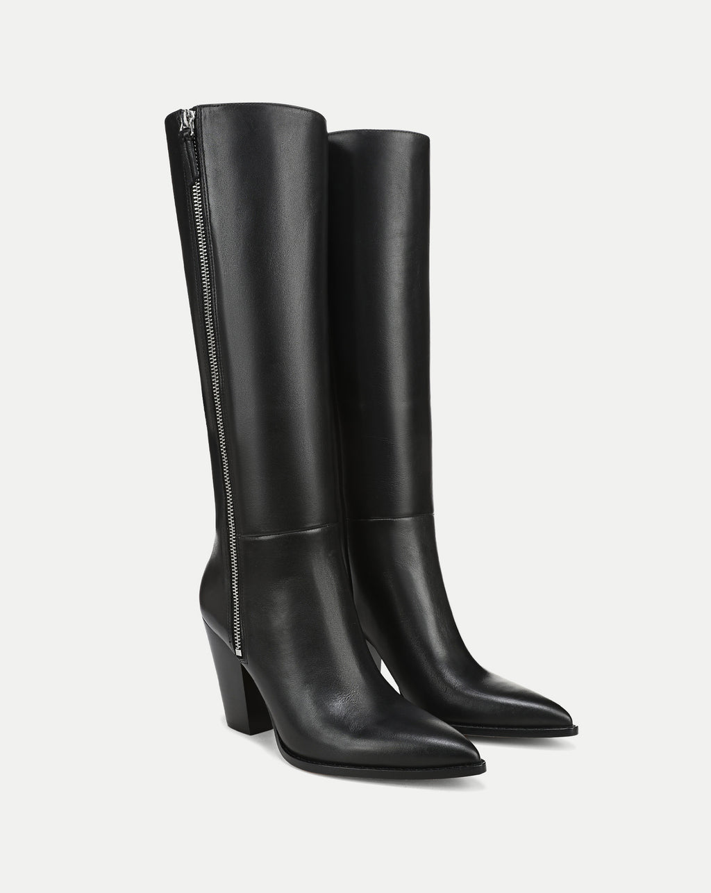 Veronica Beard Black leather knee-high boots with side zippers.