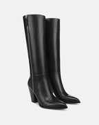 Veronica Beard Black leather knee-high boots with side zippers.