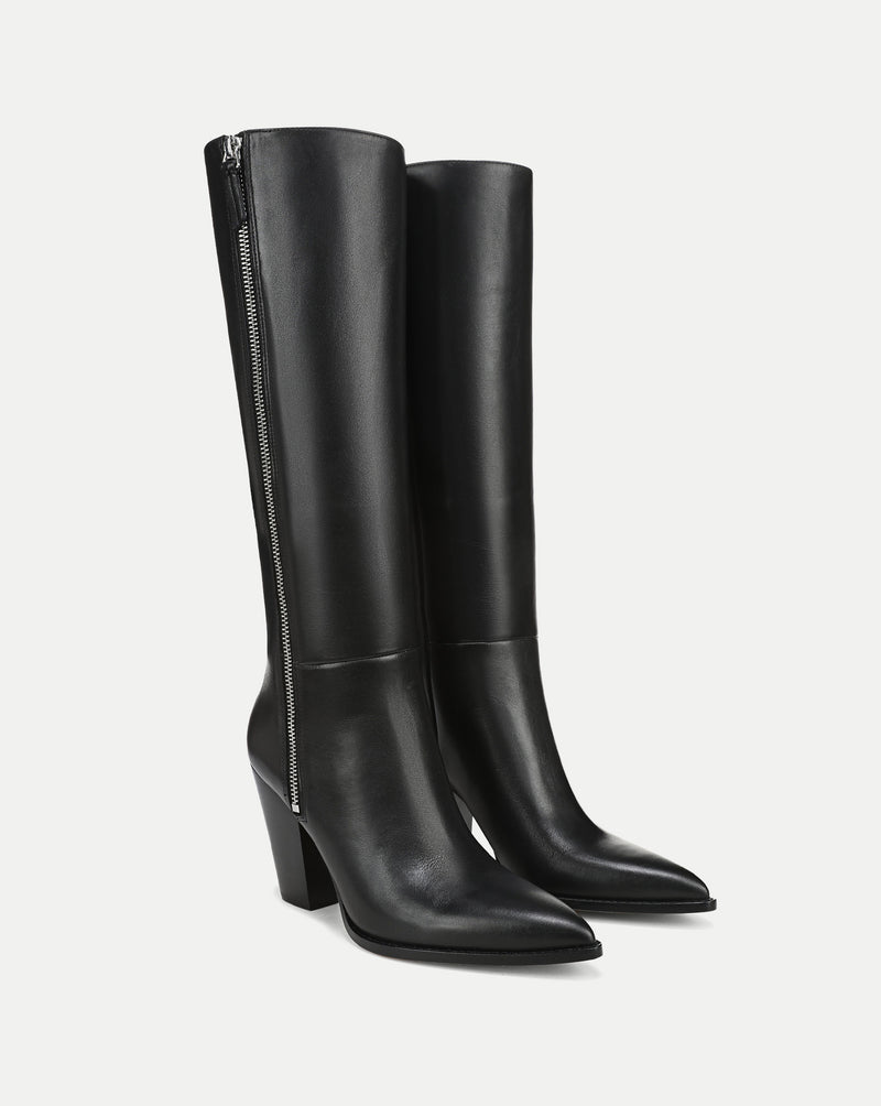 Veronica Beard Black leather knee-high boots with side zippers.