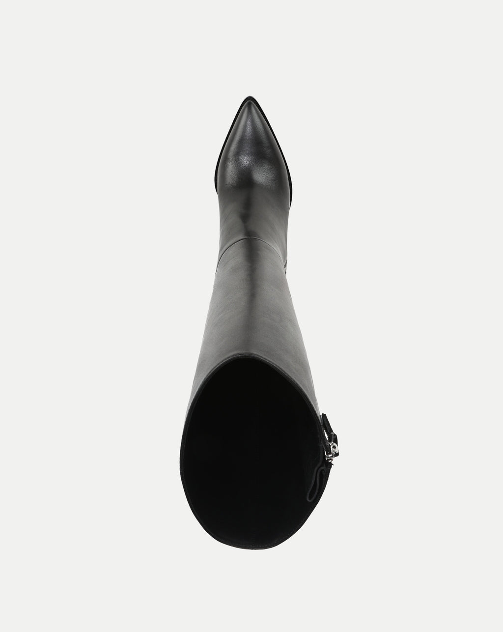 Veronica Beard Black leather knee-high boots with pointed toe.