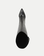 Veronica Beard Black leather knee-high boots with pointed toe.