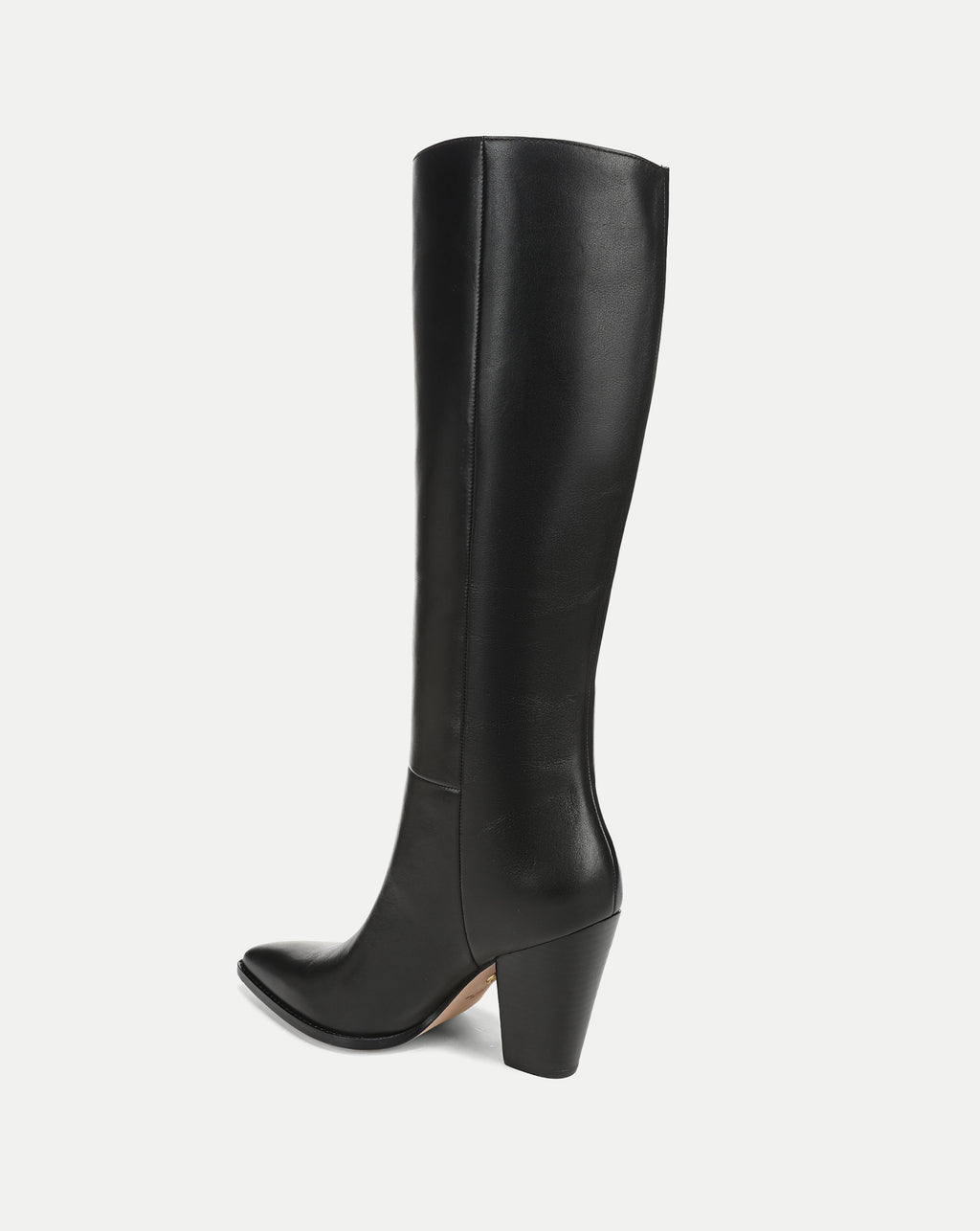 Veronica Beard Black leather knee-high boot with pointed toe and block heel.