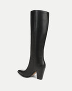 Veronica Beard Black leather knee-high boot with pointed toe and block heel.