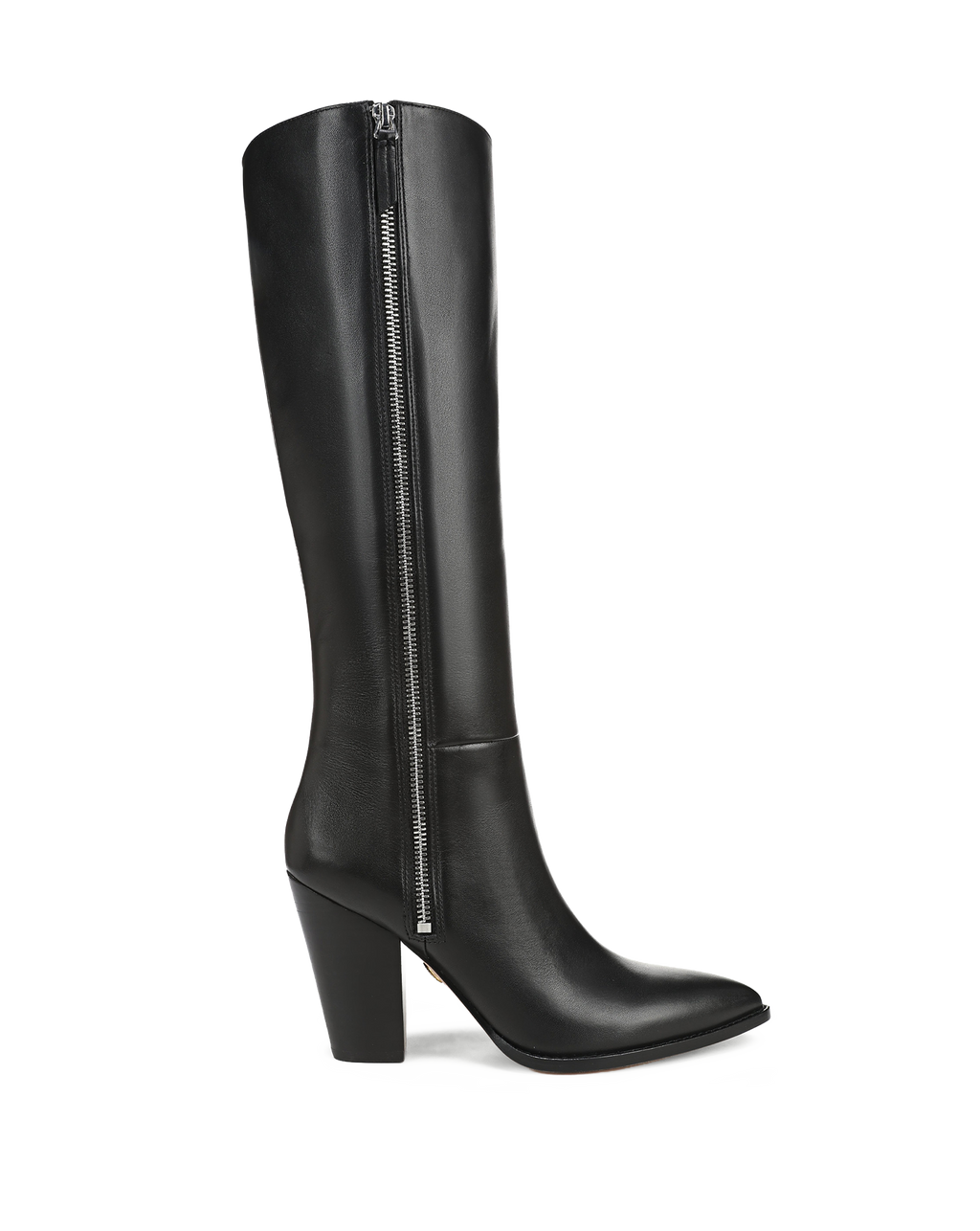 Veronica Beard Black leather knee-high boot with side zipper.