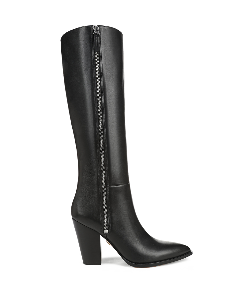 Veronica Beard Black leather knee-high boot with side zipper.