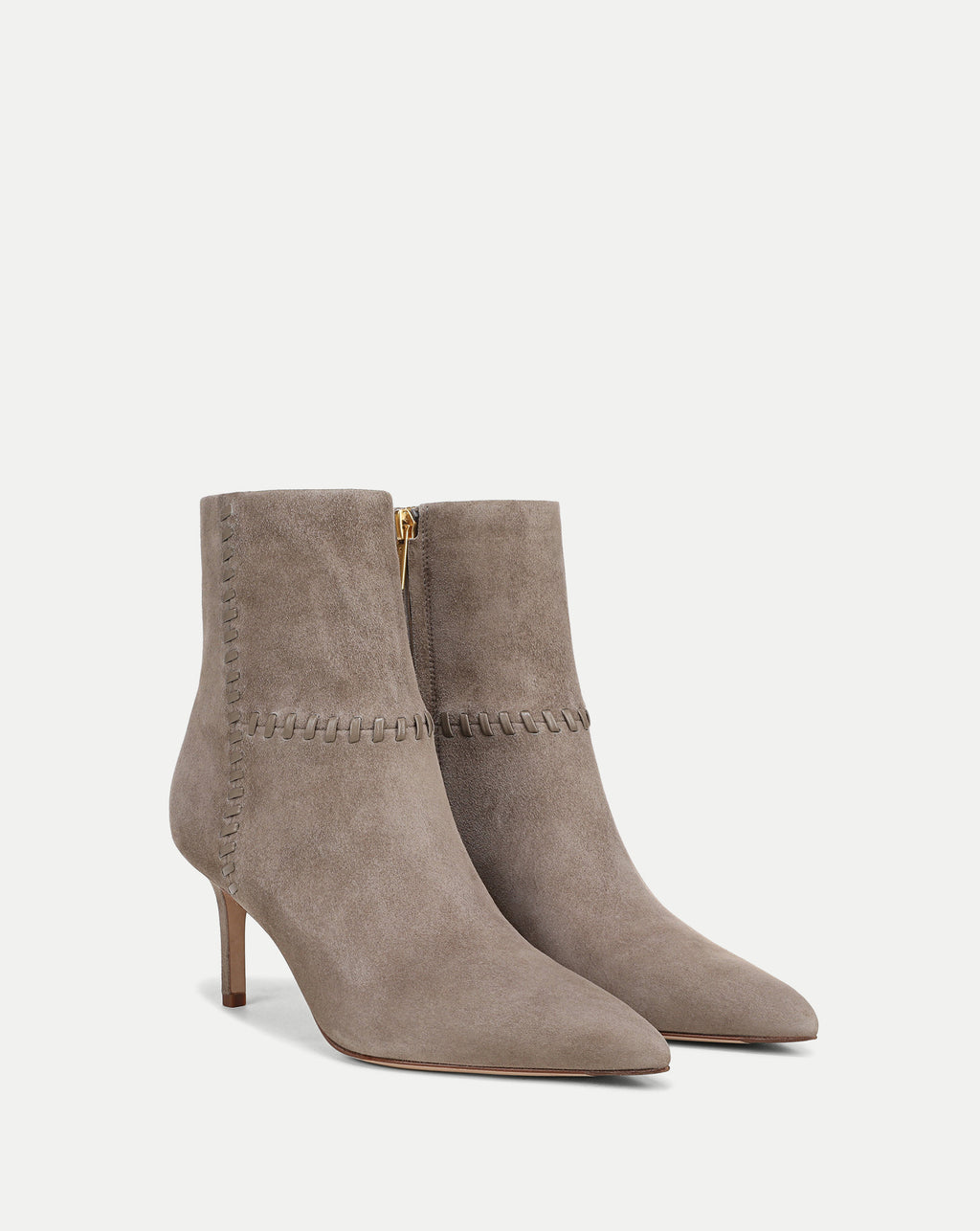 Veronica Beard Taupe suede ankle boots with whipstitch detailing.