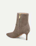 Veronica Beard Taupe suede ankle boots with gold zipper.