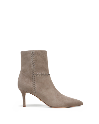 Veronica Beard Taupe suede ankle boot with decorative stitching.