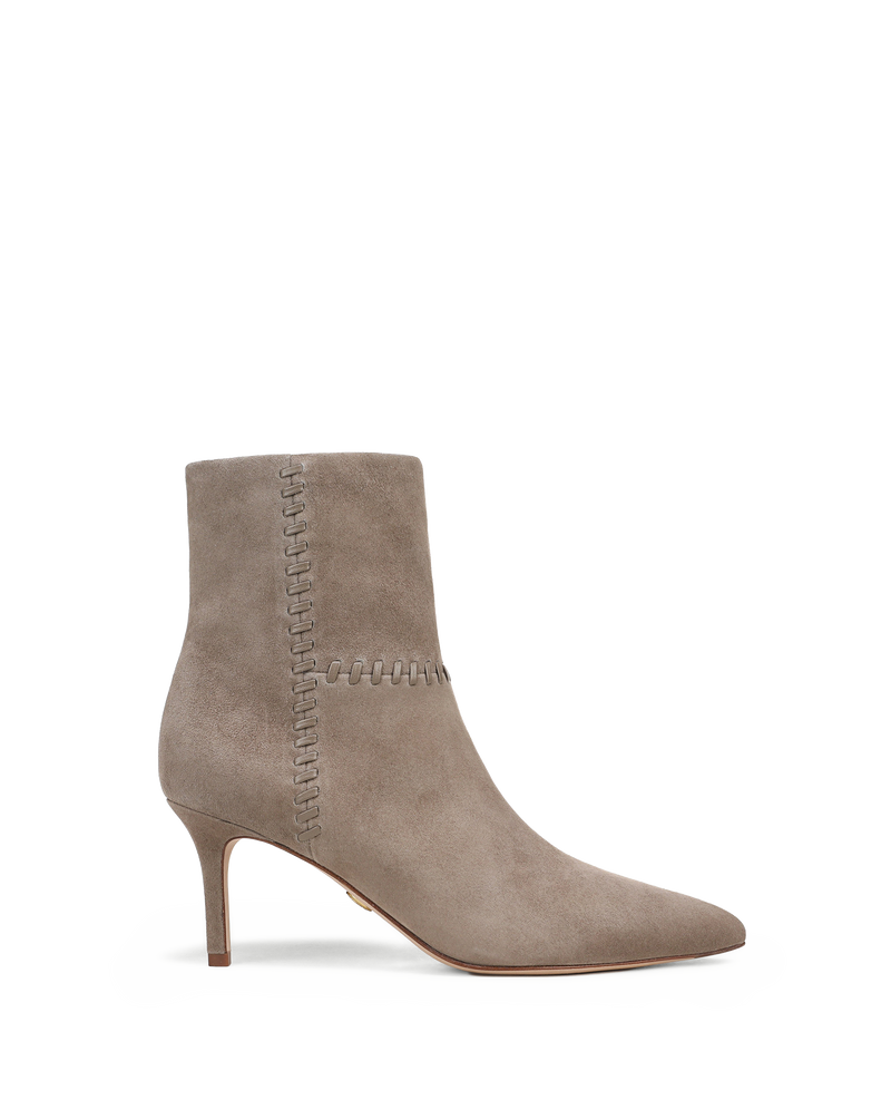 Veronica Beard Taupe suede ankle boot with decorative stitching.