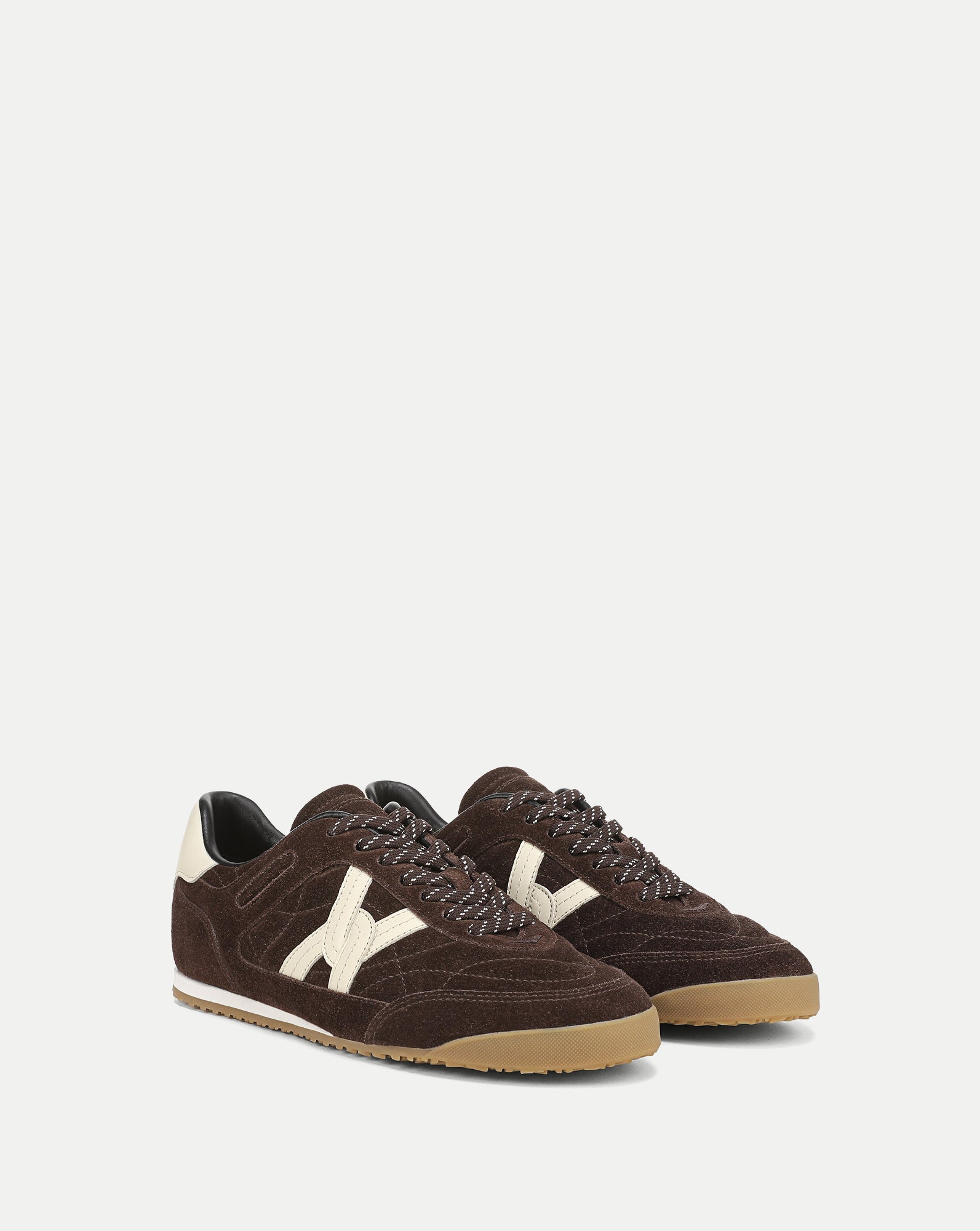 Veronica Beard Brown suede sneakers with white logo and gum sole.