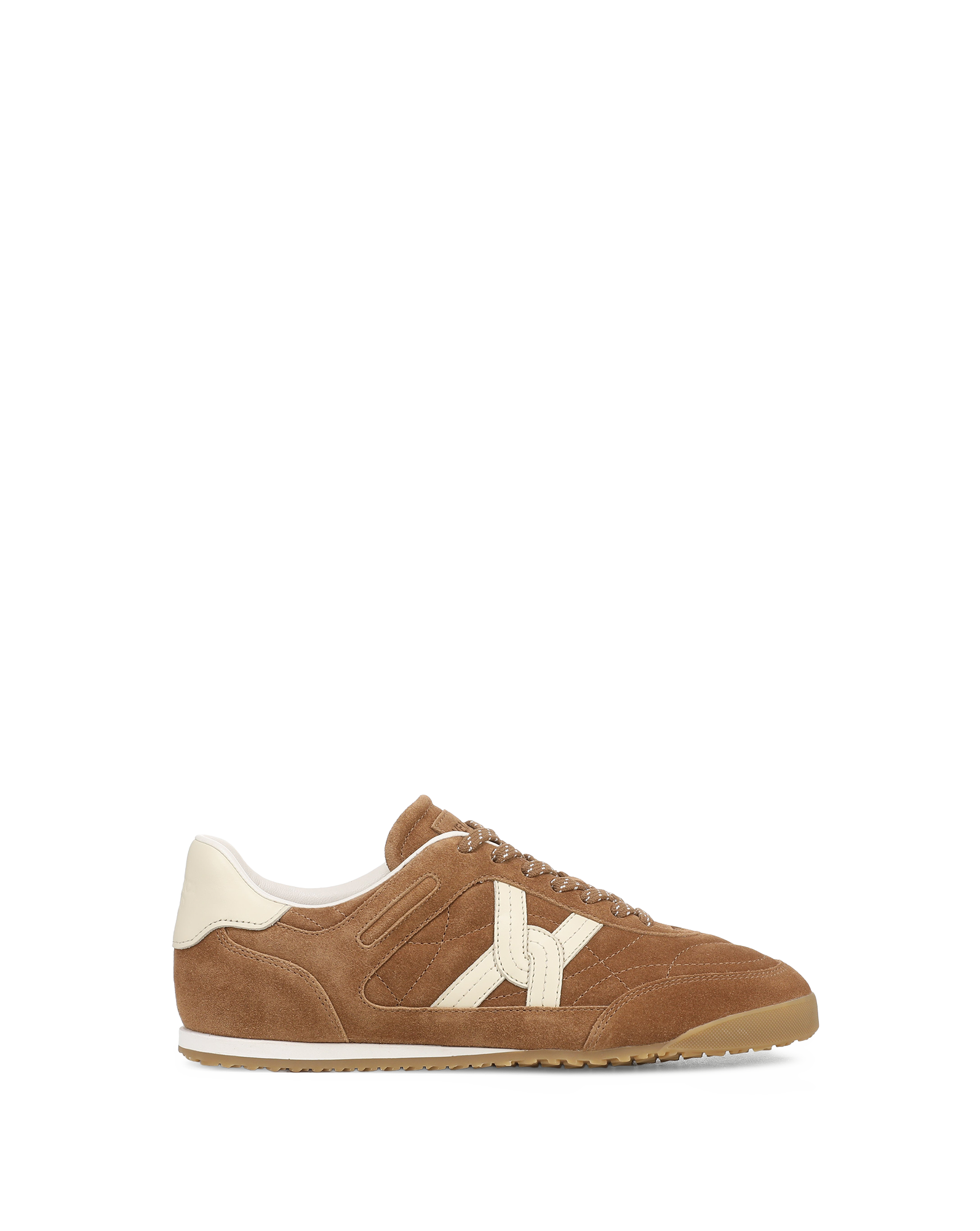 Veronica Beard Brown suede sneaker with cream accents.