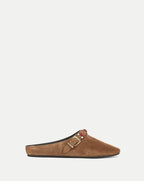 Veronica Beard Brown suede mule with red jewel buckle.