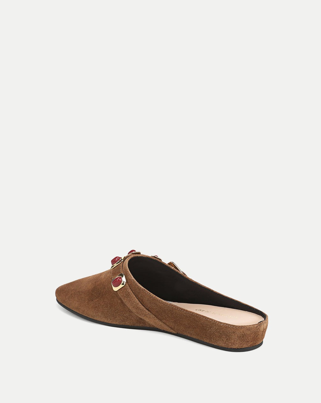 Veronica Beard Brown suede mules with red and gold embellishments.
