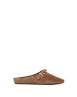 Veronica Beard Brown suede mule with gold buckle and red gems.