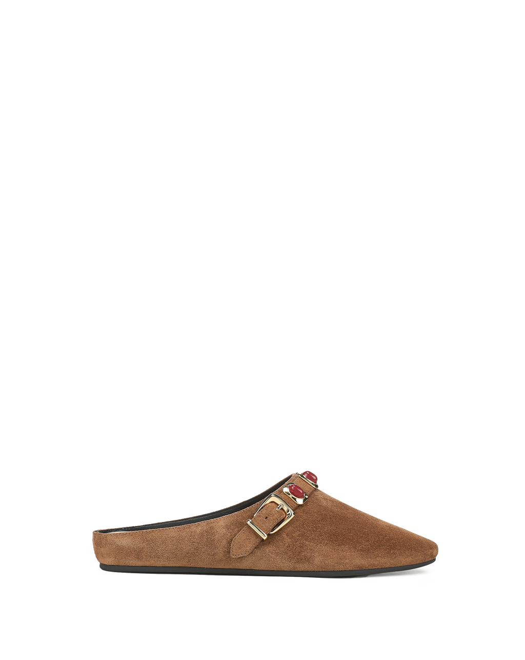 Veronica Beard Brown suede mule with gold buckle and red gems.