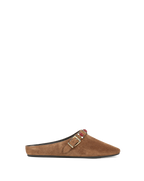 Veronica Beard Brown suede mule with gold buckle and red gems.
