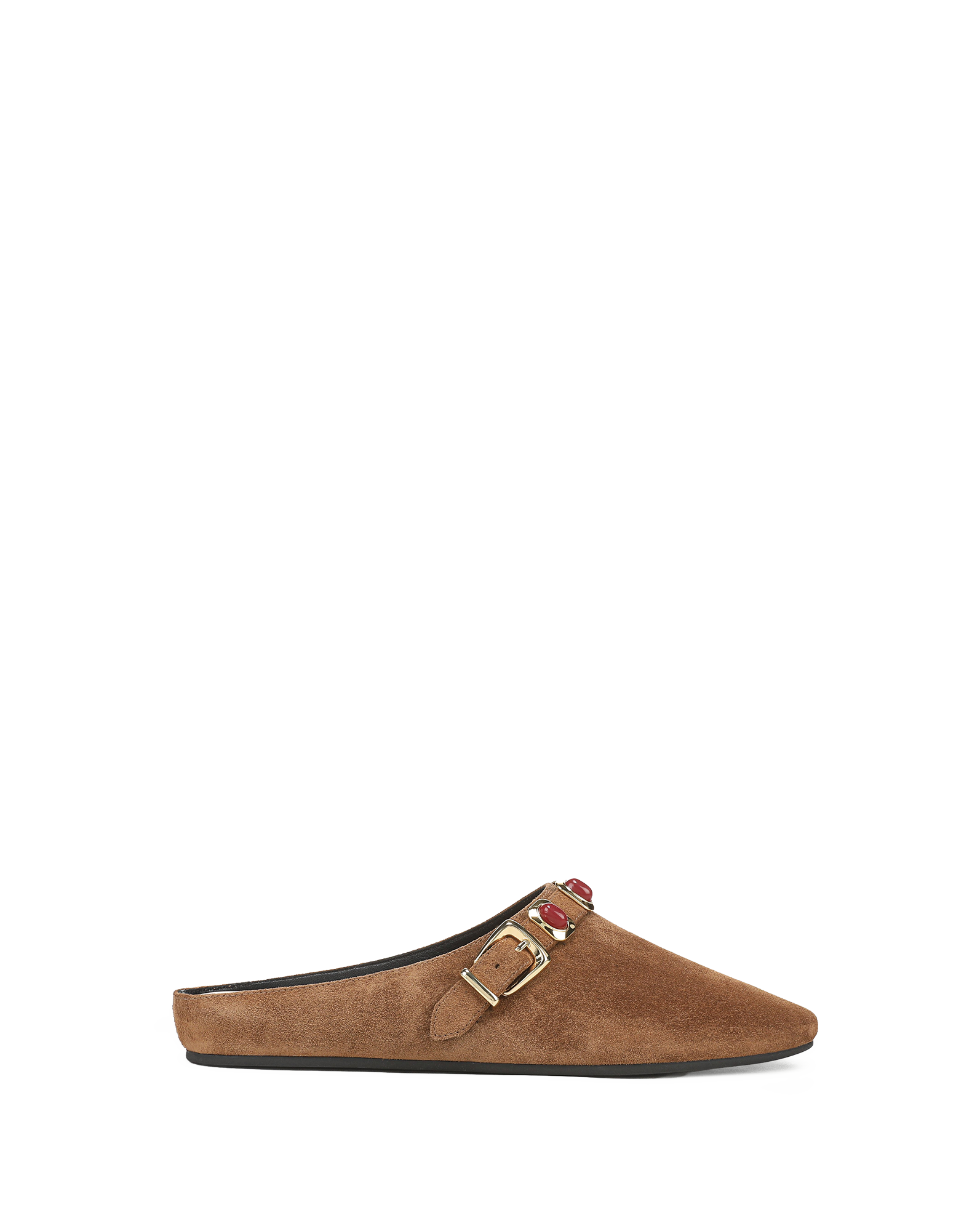 Veronica Beard Brown suede mule with gold buckle and red gems.