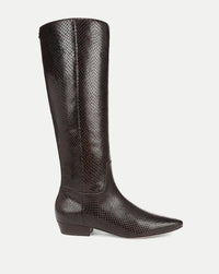 Veronica Beard Brown snakeskin knee-high boot with pointed toe.