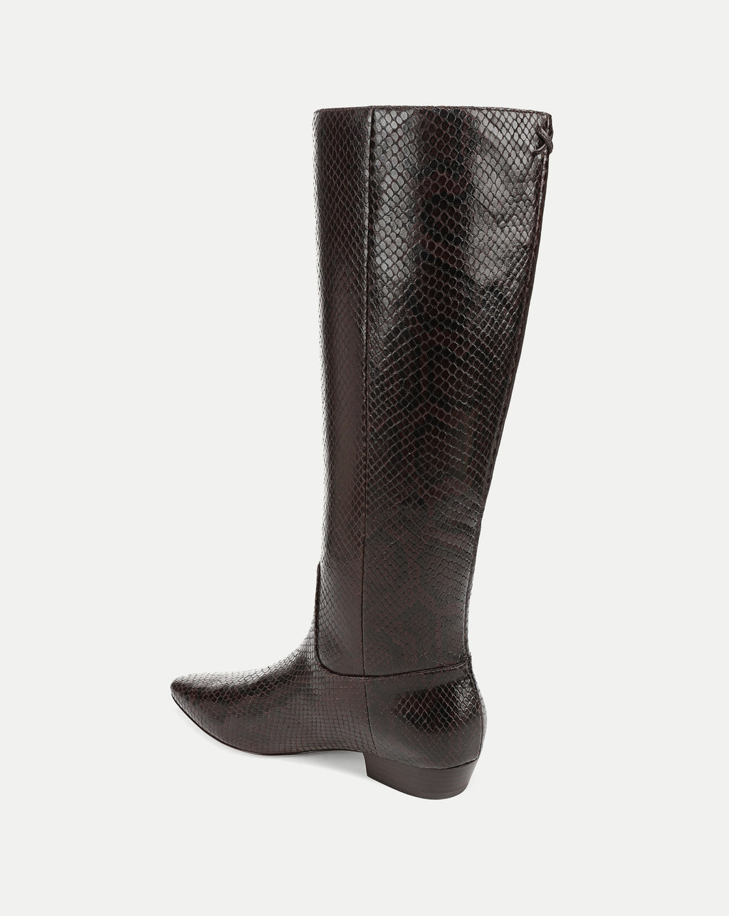 Veronica Beard Brown snakeskin knee-high boot with pointed toe.