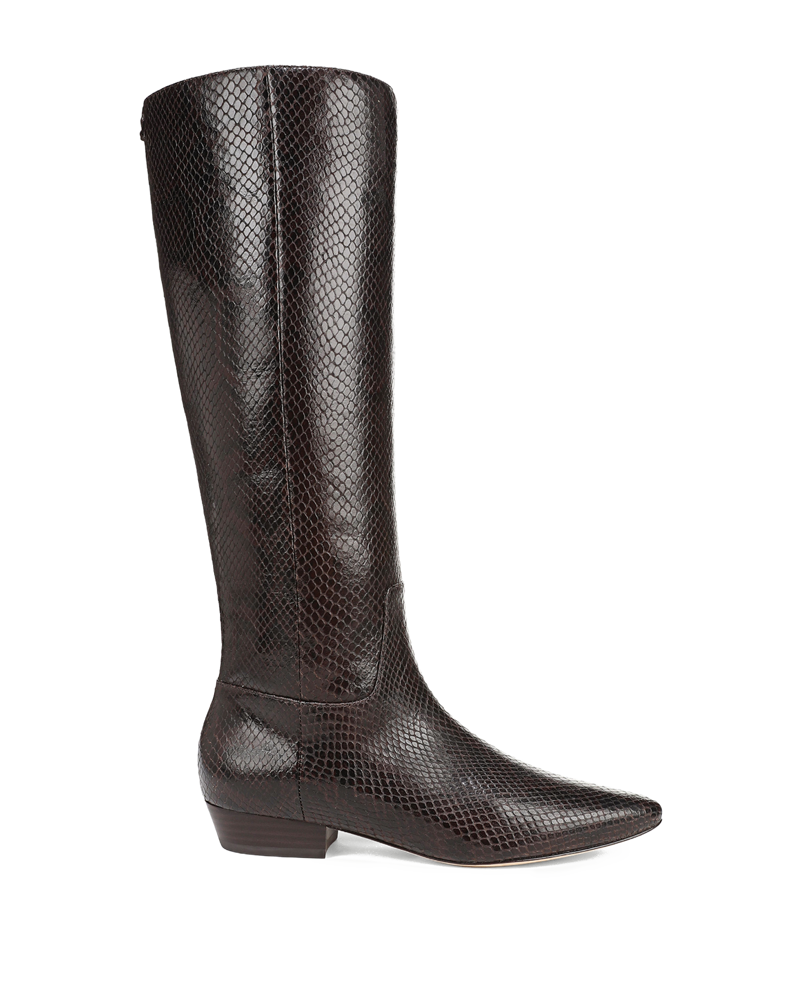Veronica Beard Brown snakeskin knee-high boot with pointed toe.