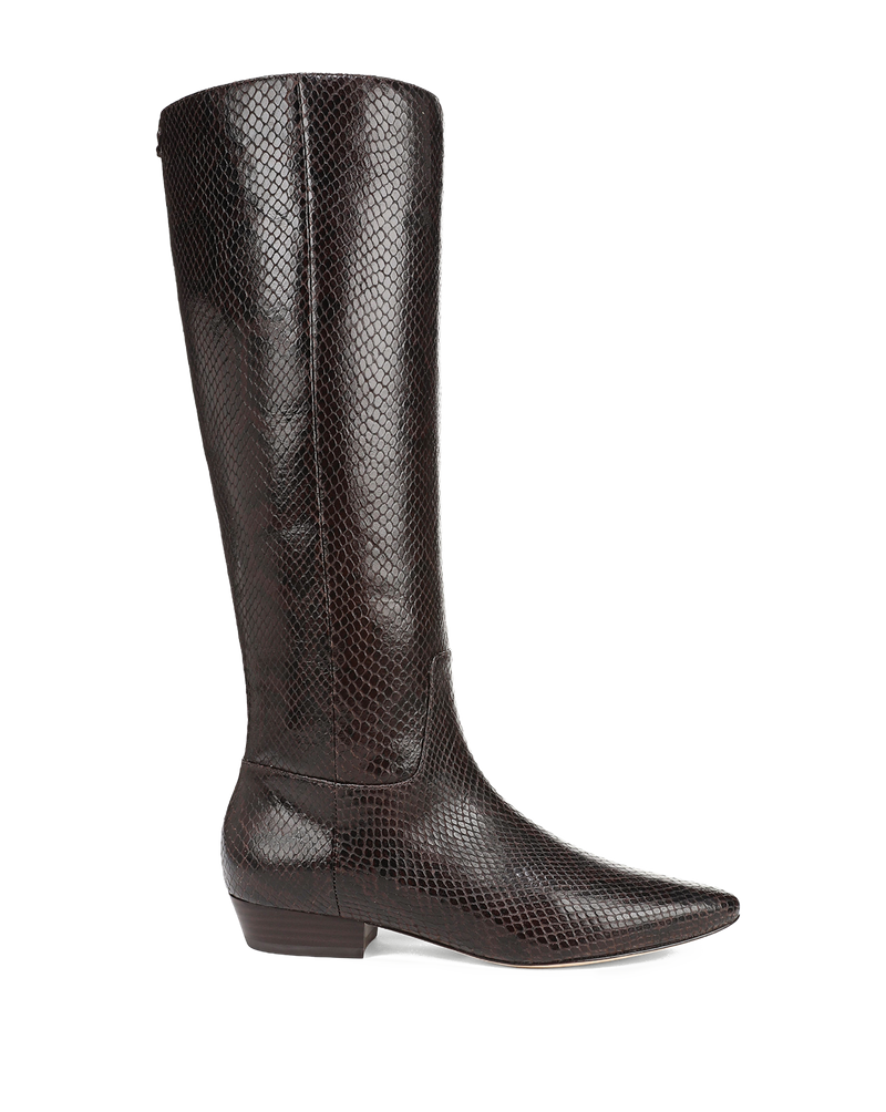 Veronica Beard Brown snakeskin knee-high boot with pointed toe.