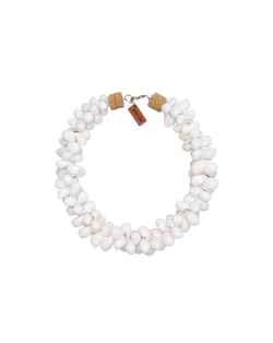 Veronica Beard White shell necklace with cork accents and a brown tag.
