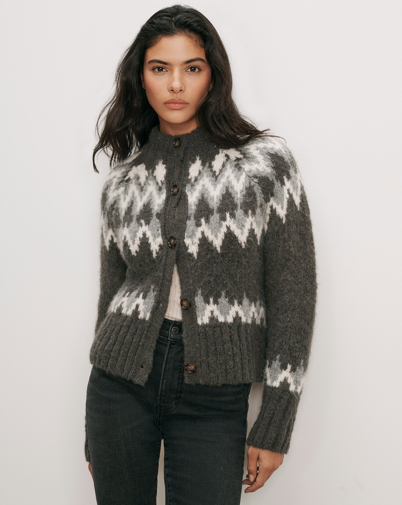 Veronica Beard Gray fair isle cardigan with brown buttons.
