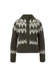 Veronica Beard Olive green and grey patterned knit cardigan.