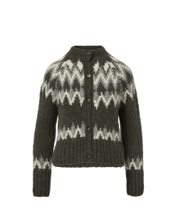 Veronica Beard Olive green and grey patterned knit cardigan.