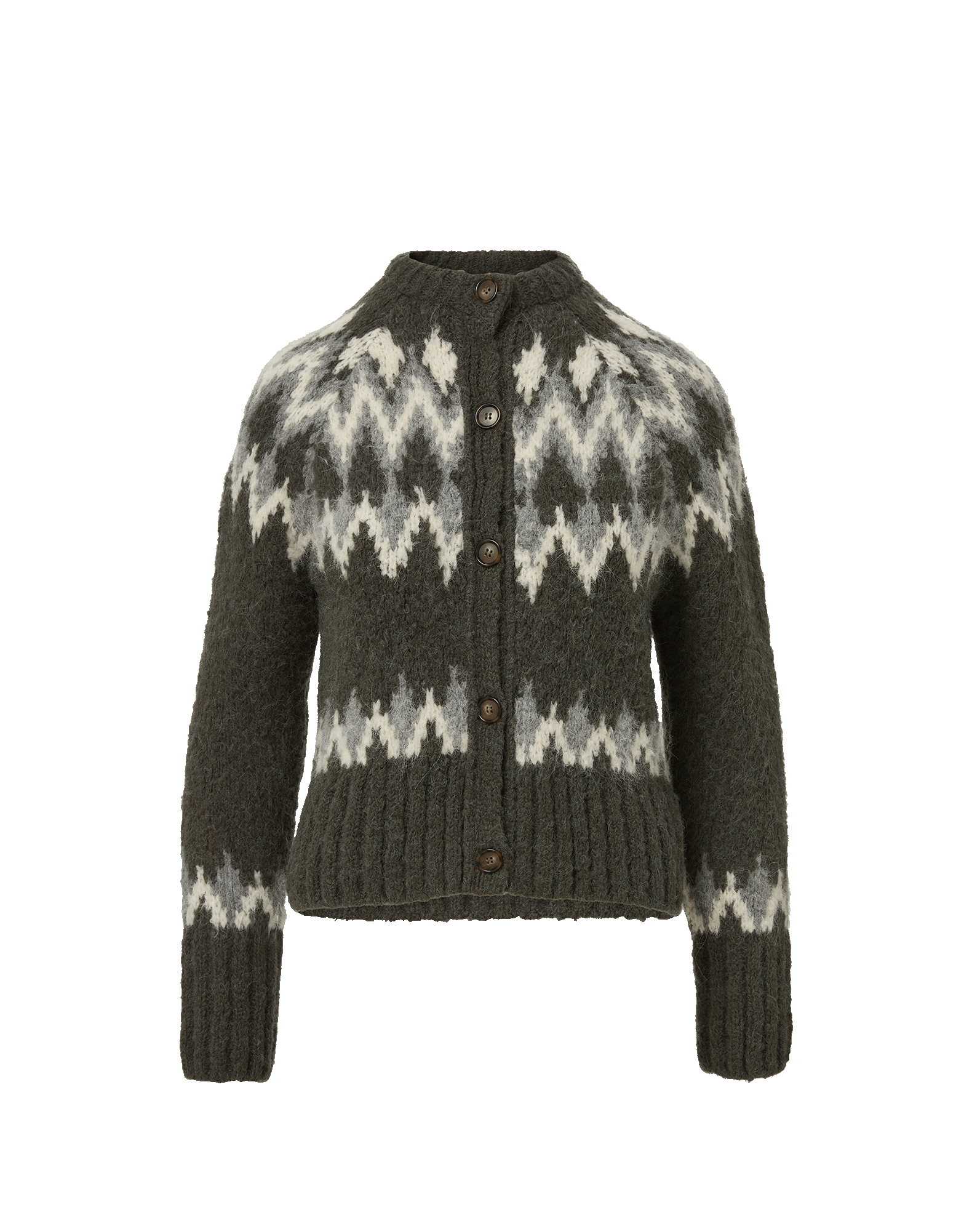 Veronica Beard Olive green and grey patterned knit cardigan.