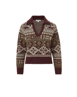 Veronica Beard Burgundy and brown patterned knit V-neck sweater.