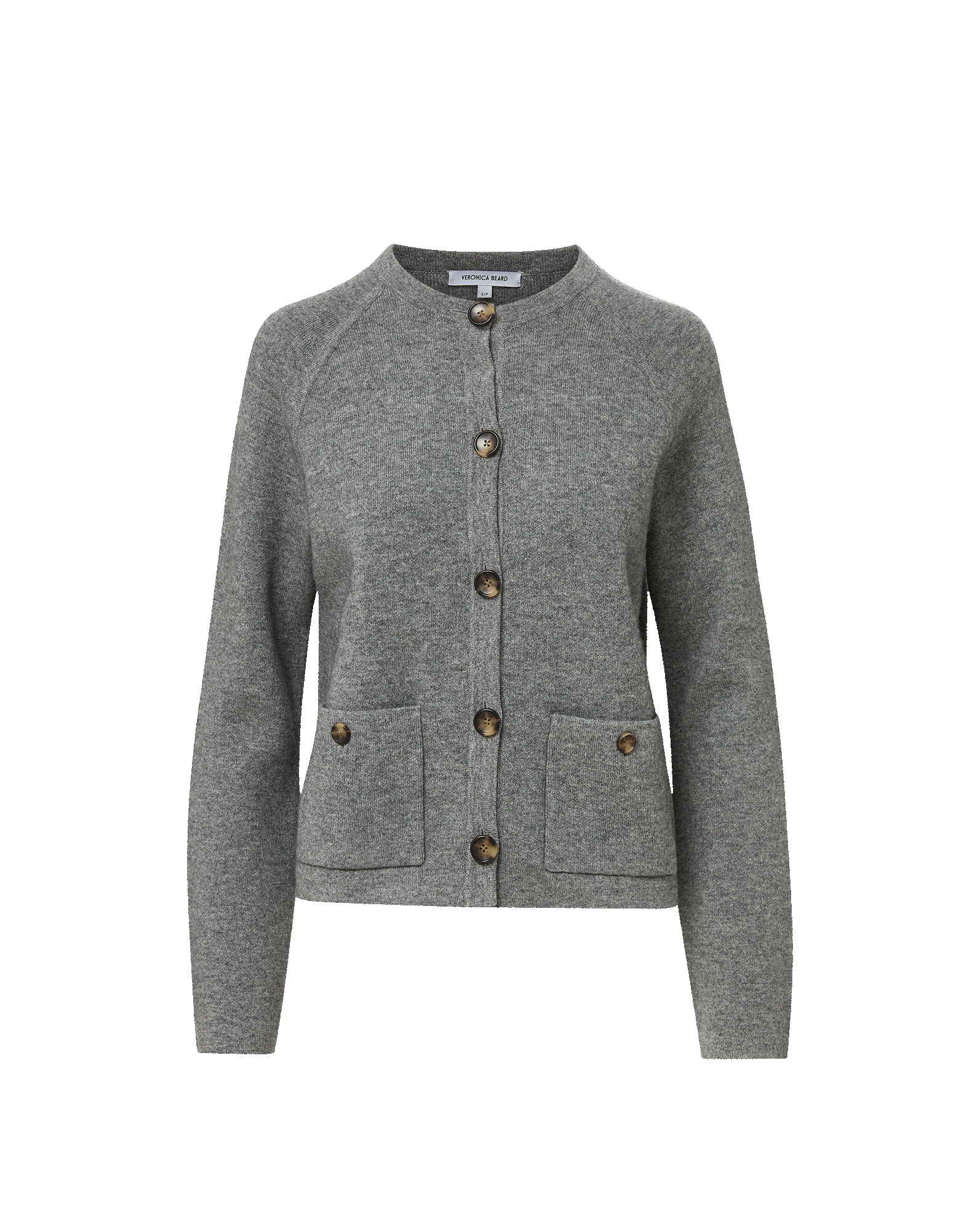 Veronica Beard Grey knit button-down cardigan with front patch pockets.