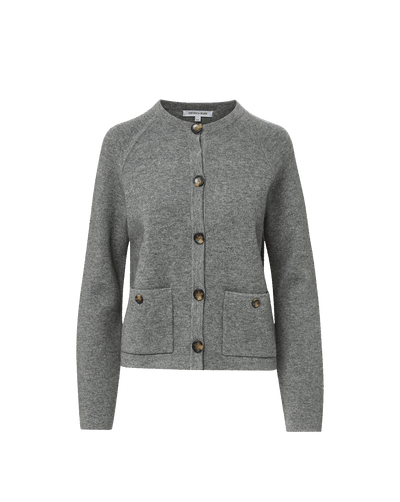 Veronica Beard Grey knit button-down cardigan with front patch pockets.