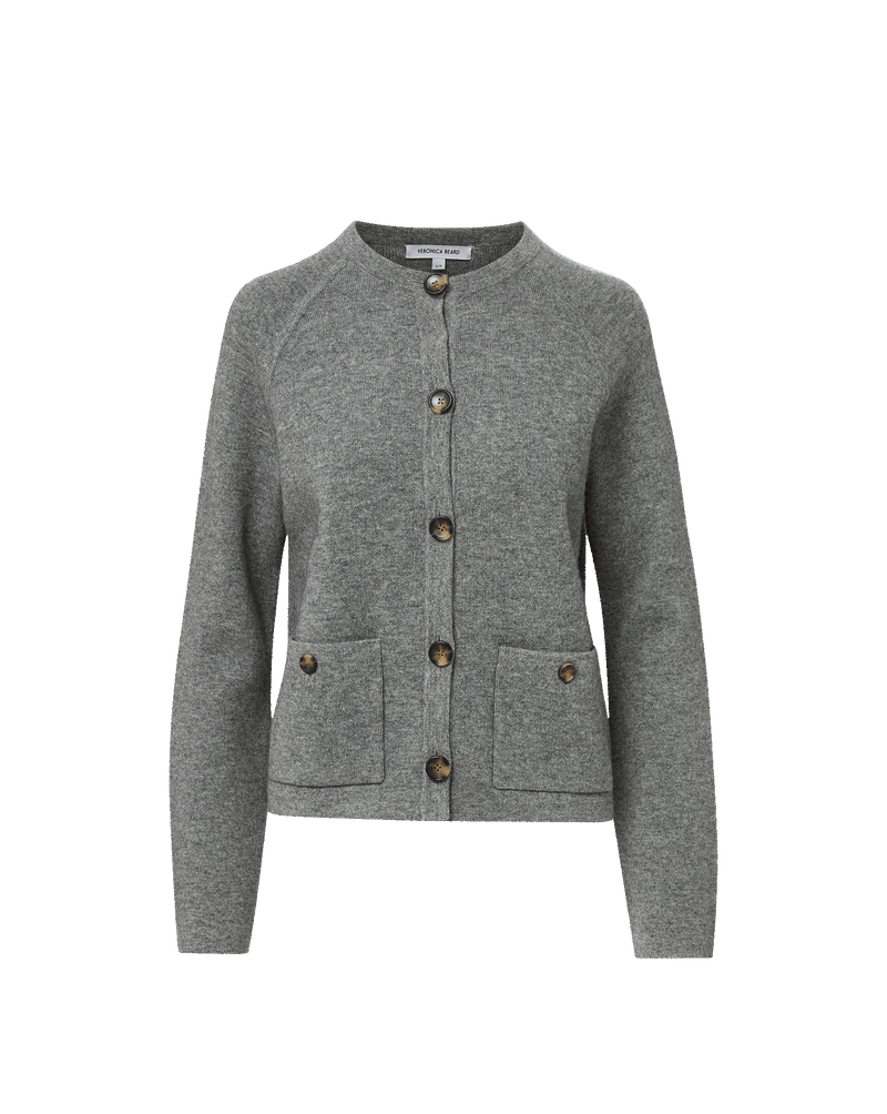 Veronica Beard Grey knit button-down cardigan with front patch pockets.