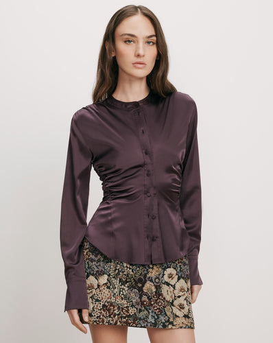 Veronica Beard Plum satin blouse with ruched sides.